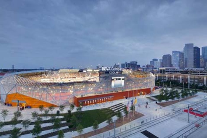 Aerial view of Houston Dynamo Stadium and the surrounding downtown skyline